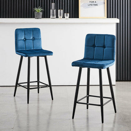 2 Pcs Blue Velvet Bar Chairs High Bar Stools with Backrest & Metal Legs Home Bar