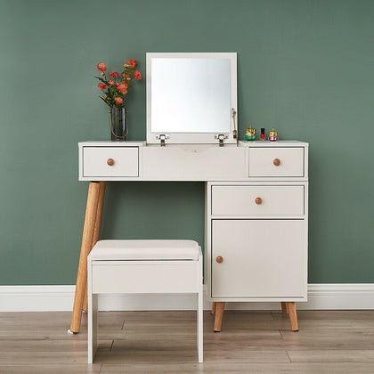 Vanity Dressing Table Makeup Desk Flip-up Mirror,3 Drawers Stool 1 Door Storage