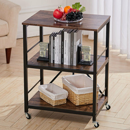 Moving Rustic Side End Table Wooden Storage Bookcase Industrial Shelf Cart Unit