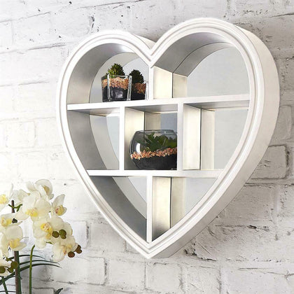 WHITE HEART MIRROR SHELF 6 SECTIONS BED BATH ROOM HEART SHAPE WALL MIRROR SHELF