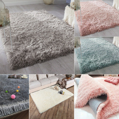 DAZZLE SPARKLE SILVER/PINK/DUCK EGG SILKY 6CM THICK LONG PILE GLITTER SHAGGY RUG