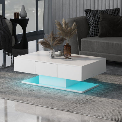Coffee Table High Gloss Storage Cabinet LED RGB Light Drawers White Living Room