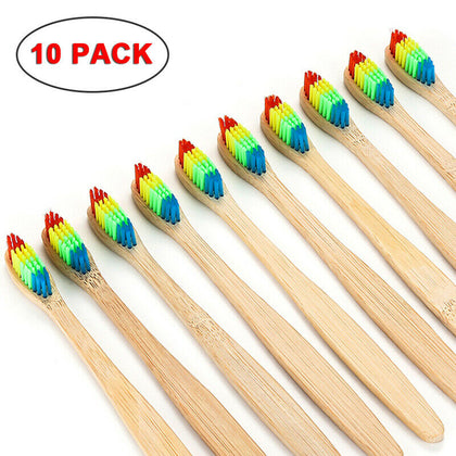 10X Bamboo Rainbow Toothbrush Medium/Firm Bristle Wooden Handle Individual Packi