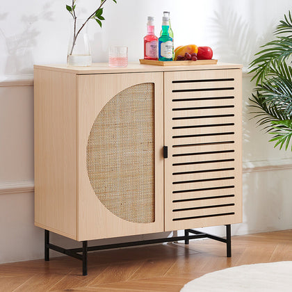 Vintage Rattan 2 Door Sideboard Cabinet Storage Cupboard Unit Wood with Shelf