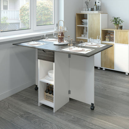 Wooden Drop Leaf Mobile Dining Table Folding Desk w/2 wheels Storage Drawer Grey