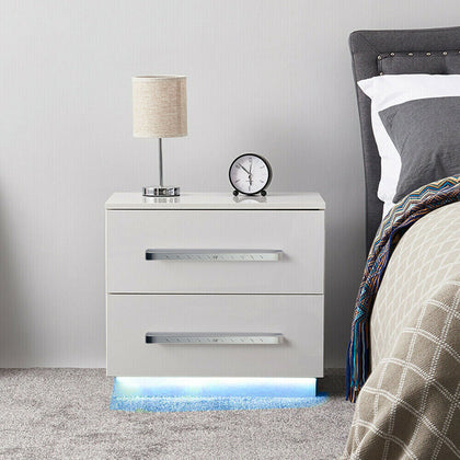 RGB LED Light White Bedside Table Cabinets Nightstand with 2 Drawers High Gloss
