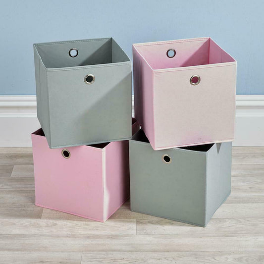 Folding 2 Pink 2 Grey Square Storage Utility Box Fabric Cube 4pc Set Basket Bag