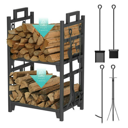 2 Tier Indoor Firewood Rack Log Storage Fireside Lumber Holder with 4 Fire Tools