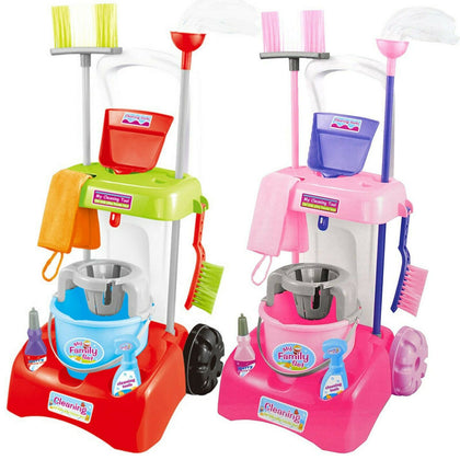 Kids Cleaning Trolley Cart with Mop & Brush Role Play Toy Set Cleaning Tools