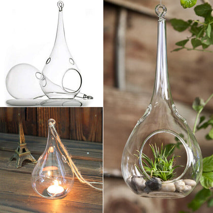 6/12/36X Clear Glass Teardrop Bauble Hanging LED Candle Tea Light Holder Wedding