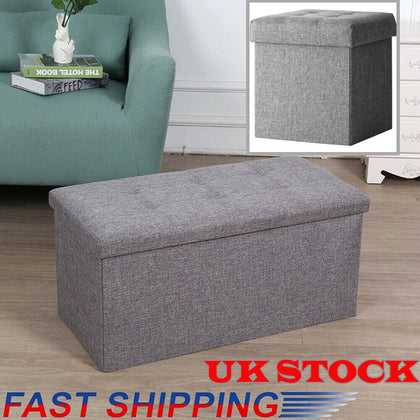 Grey Large Linen Folding Storage Ottoman Pouffe Seat Foot Stool Storage Box UK