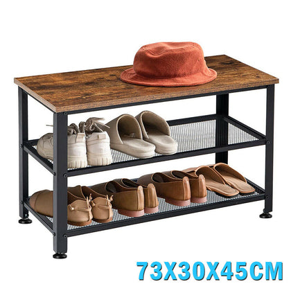 3 Tier Industrial Iron Shoe Rack Bench Wooden Organiser Stand Storage Shelf Seat