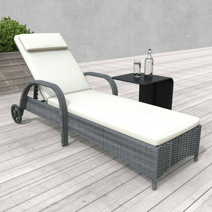 Single Sun Lounger Rattan Sun Bed Garden Folding Recliner Chair w/ Cushion Grey