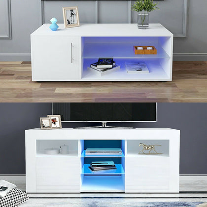Modern High Gloss TV Stand Unit Cabinet LED Lights Floating Wall Mount W/Drawer