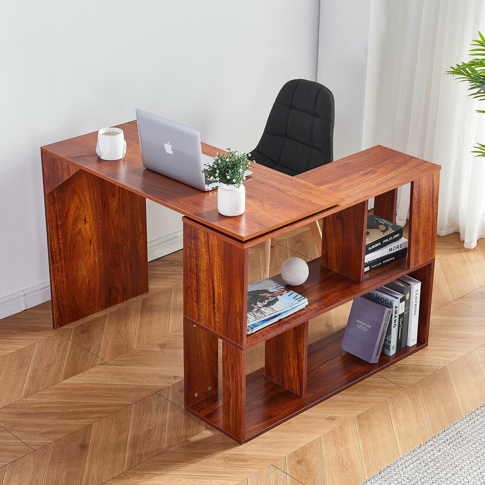 Brown L-shaped Computer Desk Corner PC Table Workstation Home Office w/ Shelves