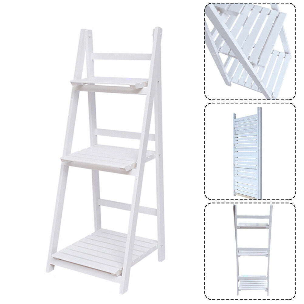 Folding Plant Stand 3 Tier Ladder Shelf Wooden Bookshelf Storage Rack Shelving
