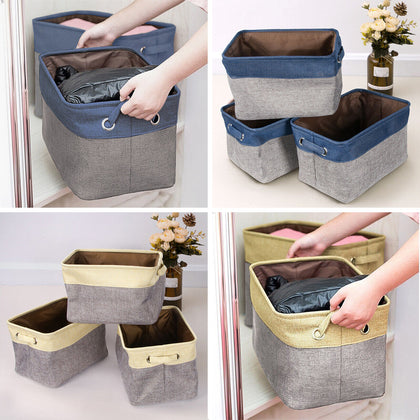 3/6Pcs Storage Baskets Foldable Linen Fabric w/ Handle Toy Clothes Organizer Box
