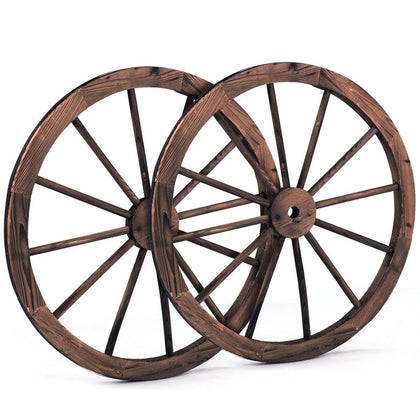 Set of 2 Decorative Wooden Wheels Decorative Wall Fir Wood Vintage Wagon Wheels