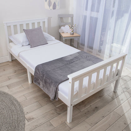 Single 3ft & Double 4ft 6 Bed Frame White Solid Wooden Frame Mattress Available