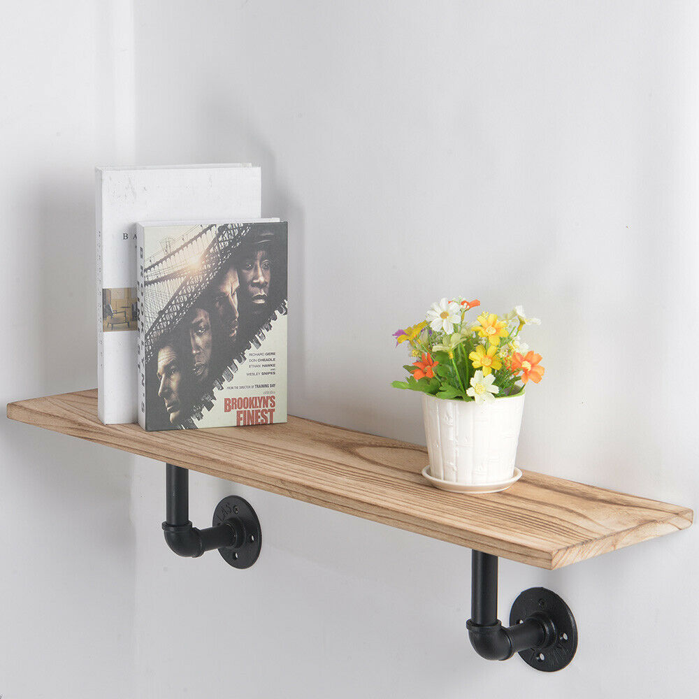 Shelving Unit Vintage Industrial Pipe Wooden Metal Wall Floating Shelf Storage