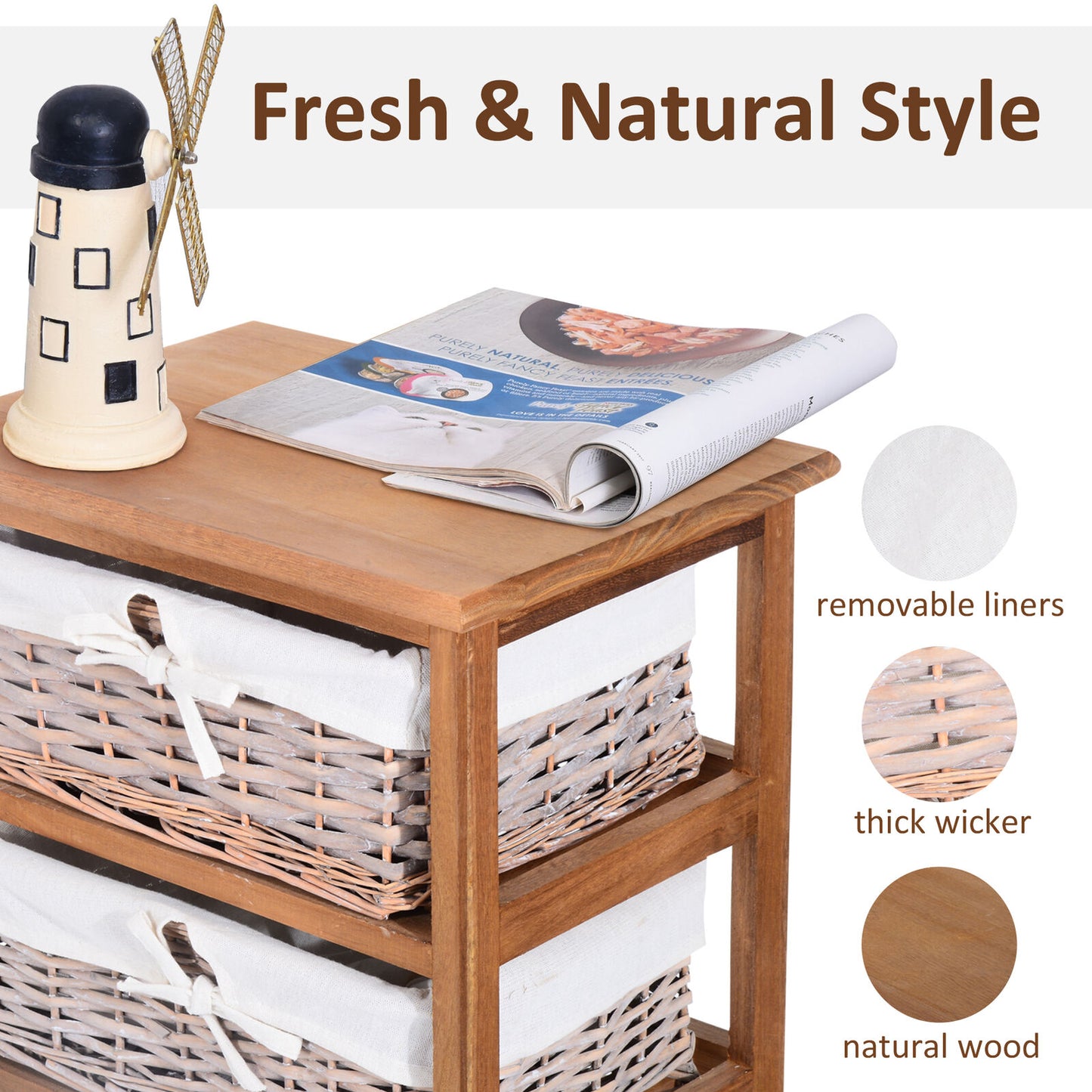 Wicker 5 Drawers Units Wooden Storage Cabinet Basket Natural