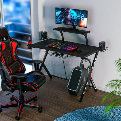 Gaming Desk PC Table w/ Monitor Stand+Cup Holder+Headphone Hook Ergonomic Office