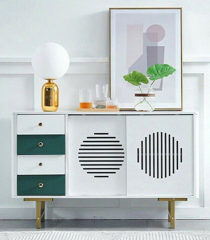 Modern 4 Drawers Storage Cabinet Sideboard Cupboard Table w/ Sliding Doors White