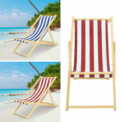 Traditional Stripe Folding Solid Wood Garden Beach Sea Pool Side Chair Deckchair