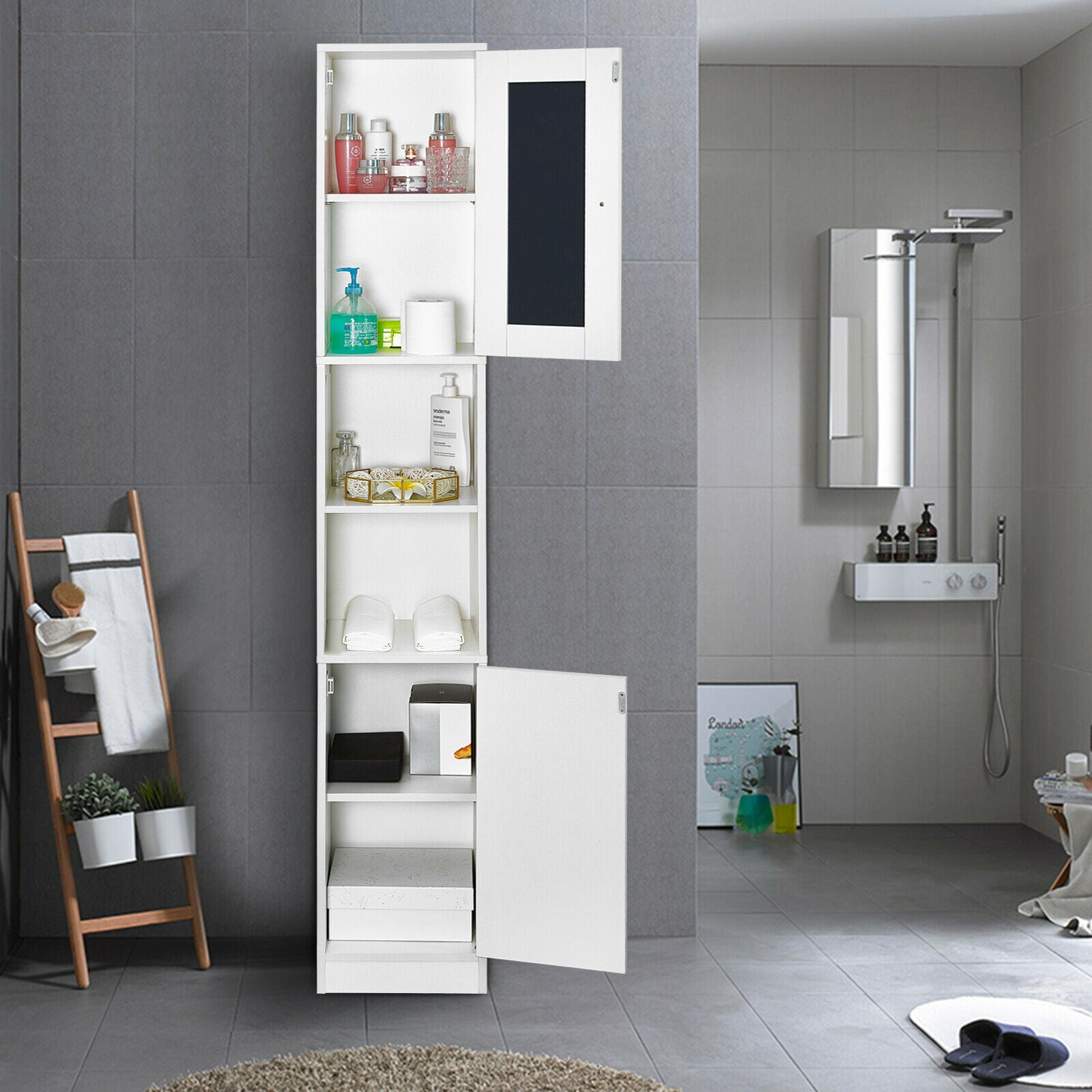 Bathroom Cabinet Shelf Mirror Door Tallboy Cupboard Unit Storage White 180 CM