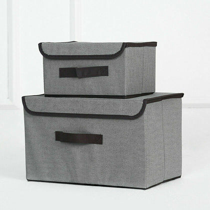 2pcs Foldable Canvas Storage Boxes Set Folding Fabric Clothes Basket with Lid UK