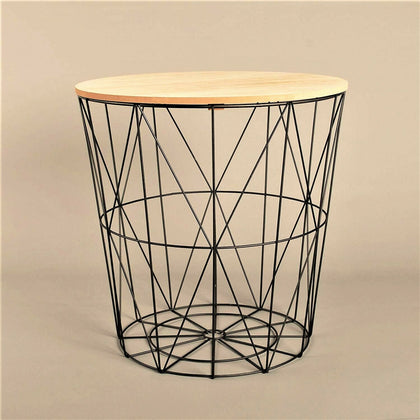 Brown Wooden Top Black Wire Storage Basket Round End Side Table Home Furniture