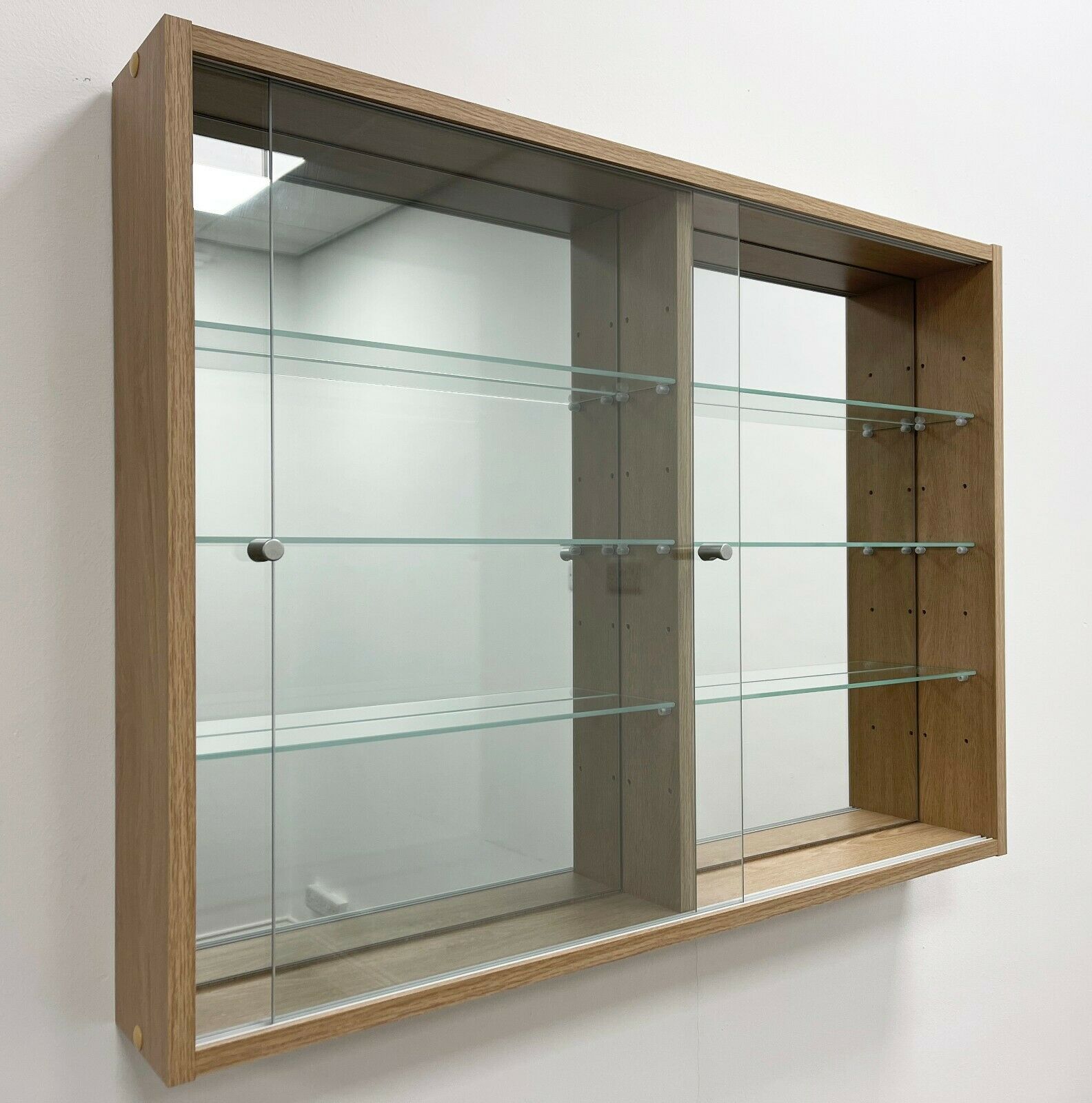 Glass Display Cabinet Wall Mounted Wide Large Toys Vapes Oak Effect Mirror Back