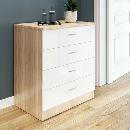 Home High Gloss Chest Of 4 Drawers Bedroom Furniture White&Oak Storage Cabinet