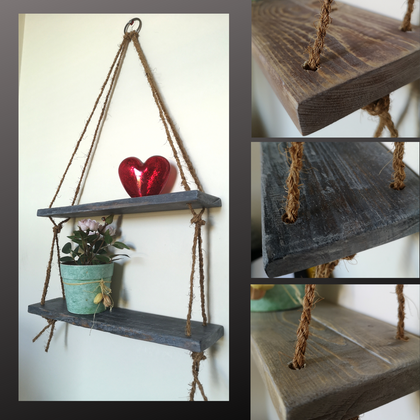 Rustic Vintage Shelves Handmade Wooden Natural Wood Floating Hanging Rope Shelf