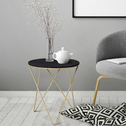 Round Tea Table Sofa End Side Wood Metal Table Living Room Furniture- Black Gold