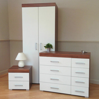 Bedroom Furniture Set *White & Walnut* Wardrobe 4+4 Drawer Chest Bedside Cabinet