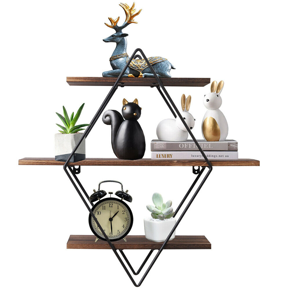 3 Tiers Diamond Floating Shelf Wall Mounted Storage Shelving Vintage Wooden Rack