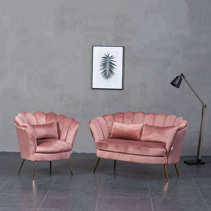 Pink Velvet Armchair Shell Scallop Lotus Tub Chair + 2 Seater Sofa Couch Settee