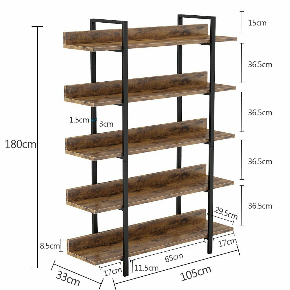 Living Room Industrial 5 Tier Bookshelf Office Etagere Bookcase with Back Fence