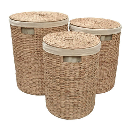 Wicker Laundry Basket Round Cotton Lined Bathroom Bedroom Natural Water Hyacinth