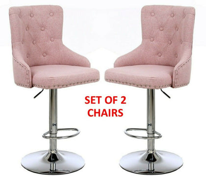 Pink Bar Stools, SET OF 2 Linen Button Detail Premium Monteray swivel Bar Stools