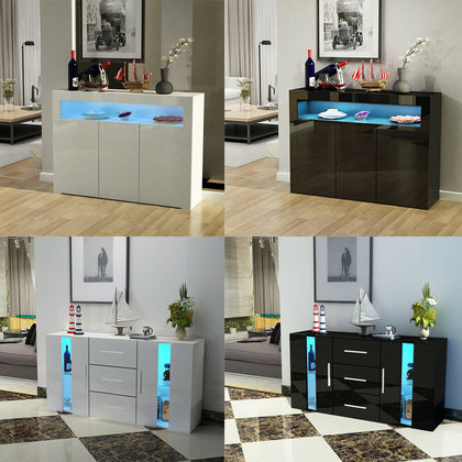Modern Sideboard LED Cabinet Cupboard High Gloss 2 3 Doors Storage White Black