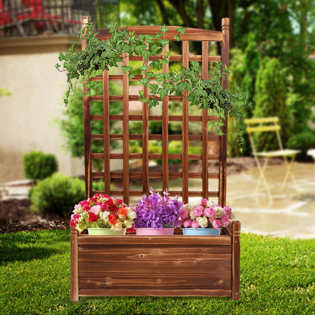 Wooden Garden Planter Plant Flowerpot Box With Trellis Support Patio Lattice 30"