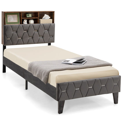 Single Size Bed Frame Upholstered Platform Bed Slat Support W/ Storage Headboard
