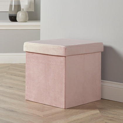 Folding Ottoman Blush Velvet Fabric Chest Solid Sturdy Storage Space Saving Box