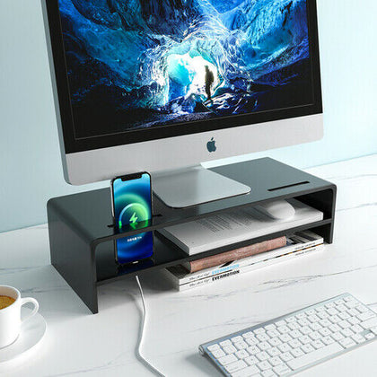 2-Tier Acrylic Monitor Stand Laptop Riser Desktop Organizer with Phone Holder
