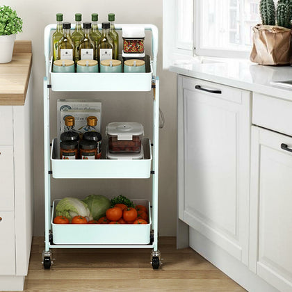 3 Tier Kitchen Trolley Cart Handle Slim Rolling Wheel Storage Basket Rack Salon