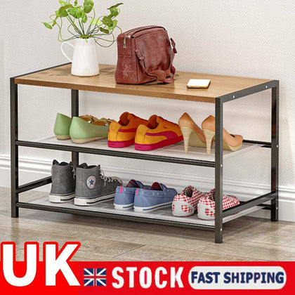 3 Tier Wooden Shoes Bench Shoe Rack Footwear Storage Metal Shelf Organizer Stand
