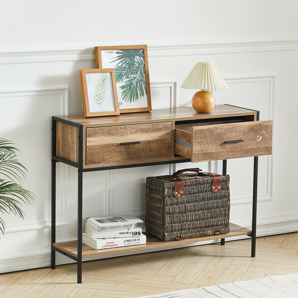 Narrow Slim Console Table Retro Wooden Drawers Open Storage