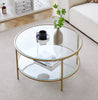 Round Glass Coffee Table with Golden Metal Legs & Shelf - Living Room Furniture